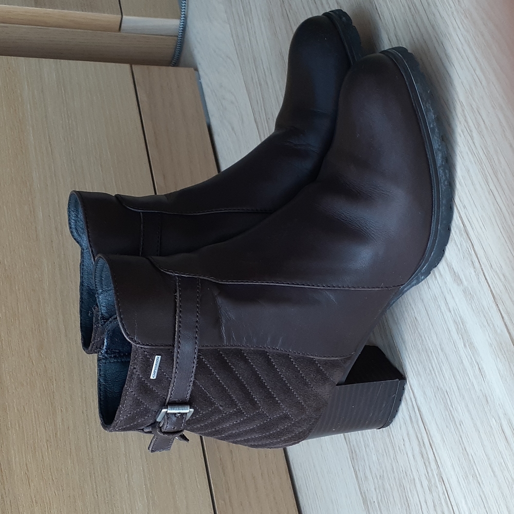 Geox Brown Genuine Leather Chevron Pattern Suede Block Heeled Boots 37